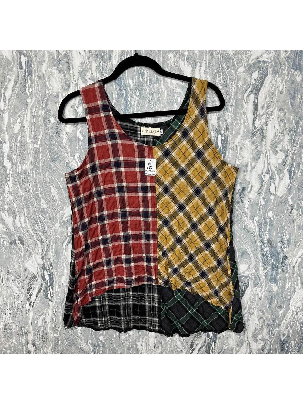 Boho Indie Cottage Lagenlook Patchwork Plaid Sleeveless Tank Top (M)